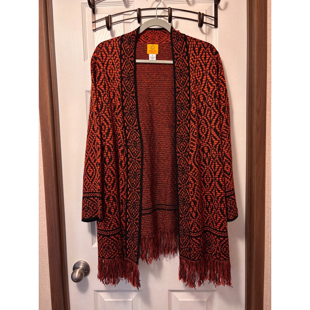 Ruby Rd Woman Orange Black Geometric Fringe Open Front Cardigan 3X 85262